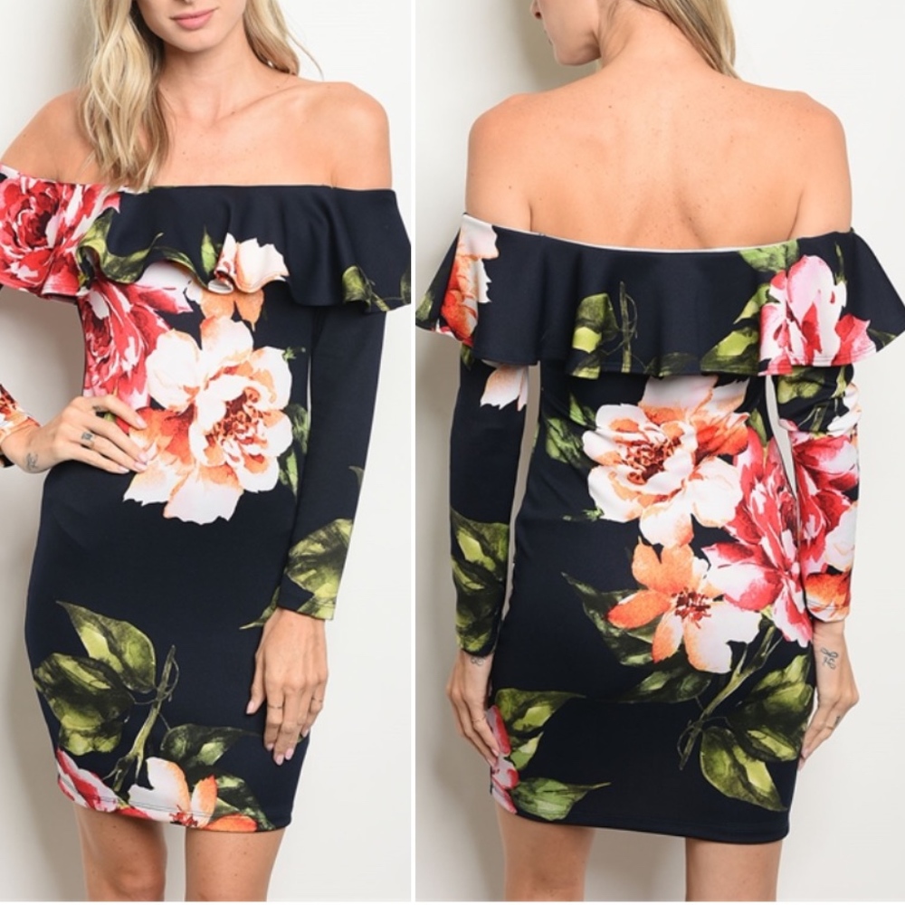 OFF SHOULDER BLACK FLORAL DRESS
